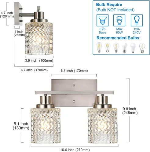 Vista 3 de MELUCEE Aplique de pared de 2 luces con pantalla de vidrio martillado, luces de baño de níquel cepillado sobre el espejo, accesorios de iluminación