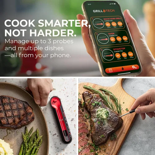 Vista 2 de Grill Tech - Termómetro inalámbrico inteligente Bluetooth para carne para asar y ahumar, precisión de precisión, rango de 950 pies, funda recargable