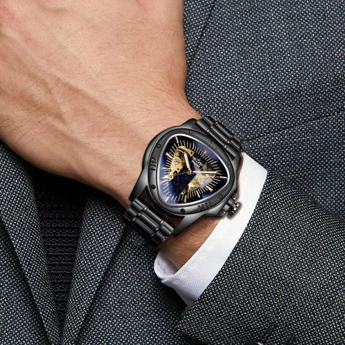 Vista 4 de Winner Fashion - Reloj de pulsera mecánico triangular de carreras, esfera de esqueleto dorado impermeable, movimiento automático, reloj mecánico