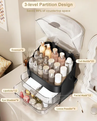 Vista 3 de Organizador de maquillaje para encimera, soporte para cuidado de la piel, organizador de mostrador de baño, caja de almacenamiento, vitrinas