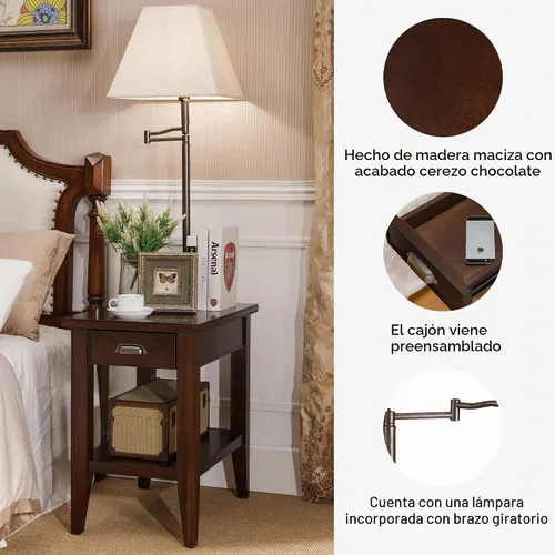 Vista 5 de Leick Home Laurent 10537 - Mesa auxiliar con lámpara, madera maciza, con cajón y estante, cereza chocolate Chocolate Cherry