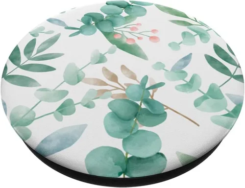 Vista 2 de Hojas de ramas florales de acuarela de eucalipto con flor verde PopSockets intercambiables PopGrip
