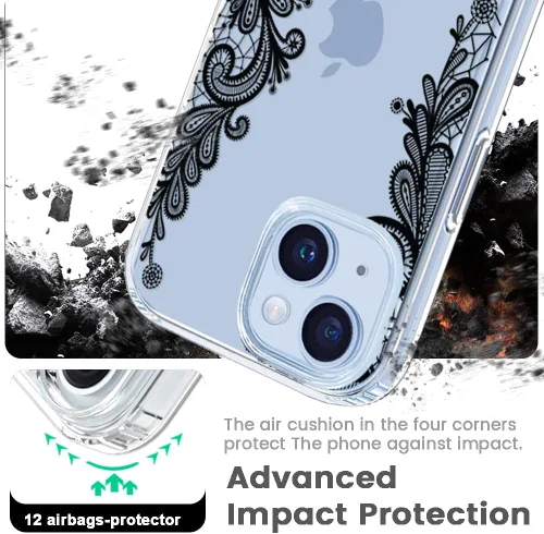 Vista 3 de Compatible con iPhone 15, funda transparente de encaje negro floral a prueba de golpes, parte trasera dura, delgada, bonita funda transparente