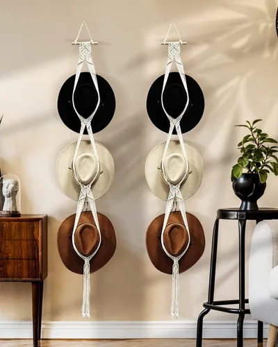 Vista 6 de Gute Colgador de macramé bohemio para colgar en la pared, organizador tejido con capacidad de 3 sombreros para sombrero de ala ancha, Fedoras