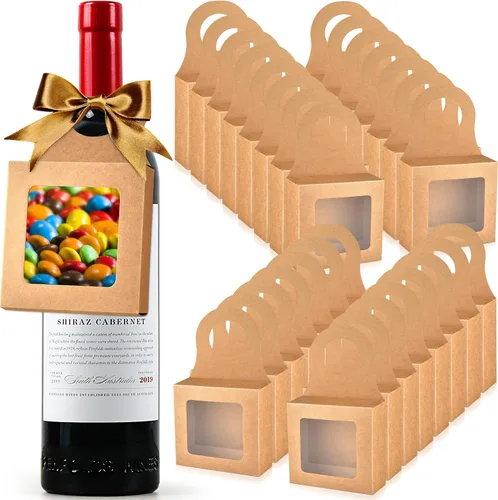 Vista 9 de Mototo 30 cajas de papel kraft para botellas de vino con colgador de ventana transparente, cajas de regalo vacías con colgador para San Valentín