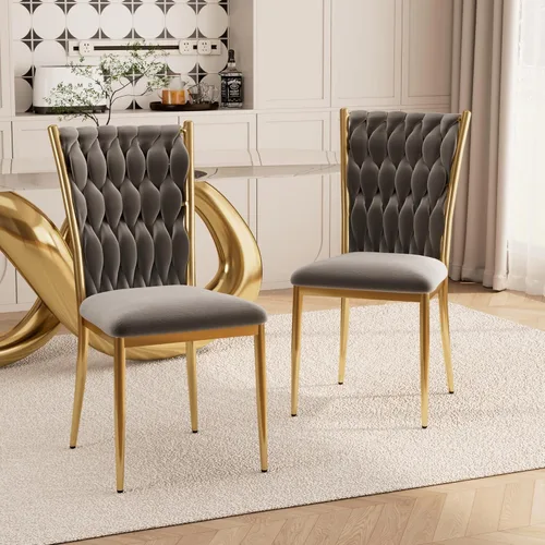 Vista 11 de Juego de 2 sillas de comedor de terciopelo, modernas sillas de cocina tejidas con patas de metal dorado, cojín tapizado con respaldo alto