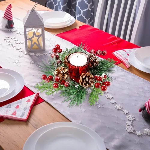 Vista 4 de Centros de mesa de Navidad, portavelas votivas de vidrio con piñas artificiales nevadas, bayas, anillos de vela de Navidad, decoración