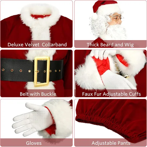 Vista 2 de Traje de Papá Noel de Navidad para hombres y mujeres disfraz de Papá Noel 10 piezas Blanco