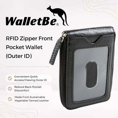 Vista 2 de Cartera RFID con bolsillo con cremallera para hombre, Negro -, Bolsillo frontal con cremallera ID exterior