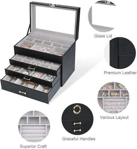 Vista 4 de V-LAFUY Joyero organizador de joyas para mujer, joyero con tapa de vidrio transparente de 4 niveles con 3 cajones, regalo para mujeres y niñas, tapa