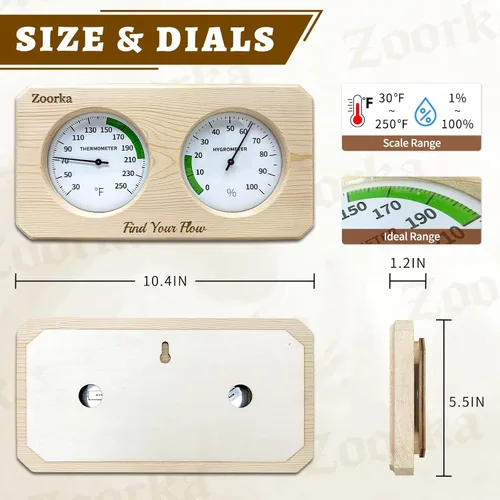 Vista 3 de Fahrenheit - Termómetro de sauna e higrómetro 2 en 1, termómetro de sauna con vidrio resistente al calor, accesorios de sauna de grado profesional