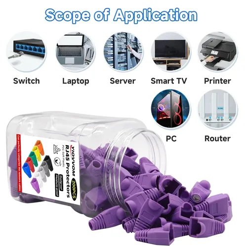 Vista 2 de Botas de plástico blando con conector de cable RJ45, botas de alivio de tensión de cubierta, CAT5 CAT5E CAT6 CAT6 CAT6E Botas Ethernet moradas