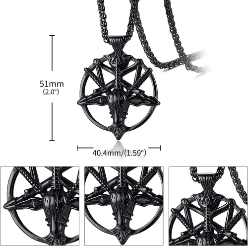 Vista 5 de Collar de pentagrama invertido de Satanás Colgante de calavera de cabeza de cabra baphomet de acero inoxidable, joyería satánica de cabra