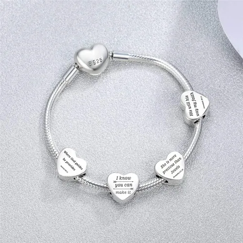 Vista 6 de Encanto de corazón compatible con pulseras de Pandora Encantos inspiradores grabados en joyería Personalidad y regalos de aliento para mujeres