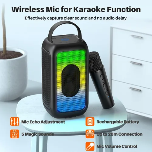 Vista 6 de Bobtot Altavoz Bluetooth portátil inalámbrico, 16 horas de reproducción, pequeños altavoces de karaoke con micrófono, sonido mágico, eco, modo