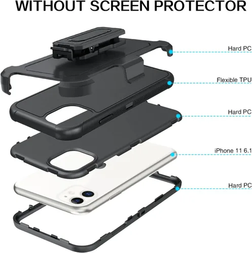 Vista 2 de VENINGO Funda para iPhone 11, funda para iPhone 11, resistente de 3 capas con soporte para cinturón, funda de clip para cinturón, a prueba