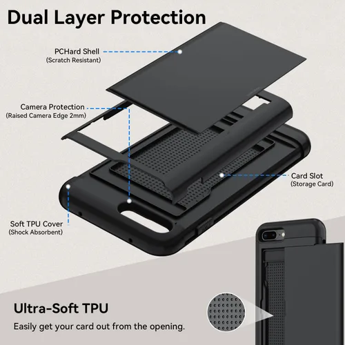 Vista 6 de Qinmay Funda compatible con iPhone 7 Plus/8 Plus con tarjetero, doble capa a prueba de golpes, funda protectora resistente con ranura oculta Negro