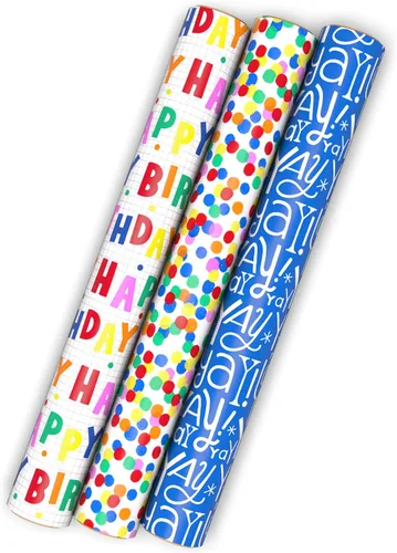 Vista 2 de Hallmark Mini rollos de papel de regalo de cumpleaños, paquete de 3 (lunares arcoíris y letras, Yay azul y blanco) para fiestas infantiles