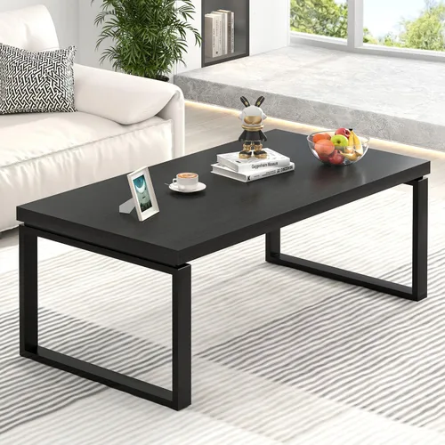 Vista 15 de EXCEFUR - Mesa de café moderna negra, mesa de centro industrial de madera y metal para sala de estar, mesa de té y cóctel rectangular, roble negro