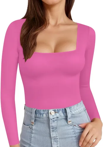 Vista 39 de MANGOPOP - Camisetas ajustadas de manga corta y manga larga con cuello cuadrado para mujer A01 Manga Corta Negro