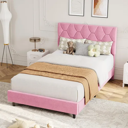 Vista 10 de GarveeHome Marco de Cama de Plataforma Tamaño Twin con Cabecera Tapizada y Soporte de Listones de Madera, Base de Colchón Tapizada/No Necesita Beige