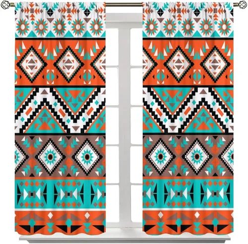 Vista 166 de Cortinas con patrón geométrico tribal, estilo suroeste, azteca, rústico, occidental, nativo americano, opacas, con bolsillo para barra, decoración