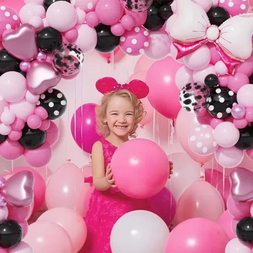Vista 6 de Kit de arco de guirnalda de globos de ratón rosa, globos rosa y negro con globos de papel de aluminio, decoraciones de fiesta de cumpleaños