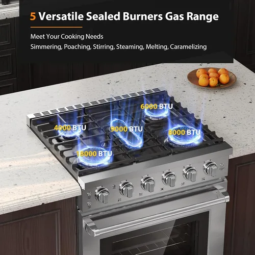 Vista 5 de Empava Estufa de Gas de 30 Pulgadas con Convección Verdadera, Horno de 4.55 Pies Cúbicos, Quemador de Potencia de 18,000 BTU para Sellar, Superficie
