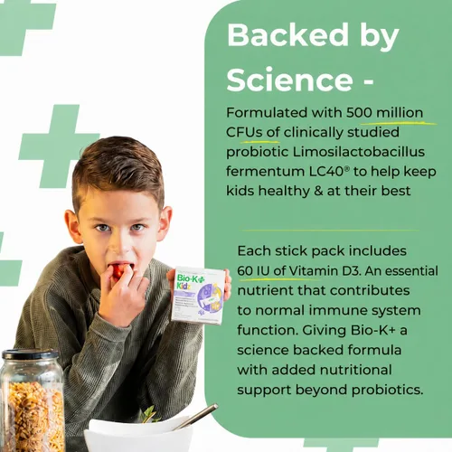 Vista 4 de Bio-K+ Kidz - Polvo probiótico para niños con vitamina D3, estable en el estante, sin OMG, sin gluten, 28 paquetes de una sola porción
