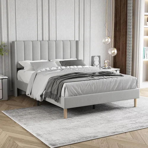 Vista 27 de Base de cama tapizada de tamaño individual con cabecero, listones de madera fuertes, no necesita somier, fácil montaje, terciopelo beige
