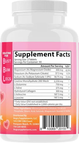 Vista 3 de Angry Supplements BB creatina monohidrato complejo BBL tabletas para ganancias y músculo, suplemento constructor de glúteos para mujeres