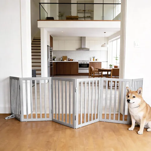 Vista 35 de Puerta para perros para interiores, valla independiente para perros, para la casa, puertas, pasillos o escaleras, puerta para mascotas plegable