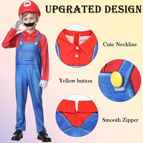Vista 4 de Lydoesy Upgraded Super Brothers Costume for Kids Halloween Cosplay Jumpsuits with Hat Mustache Eyebrows Gloves