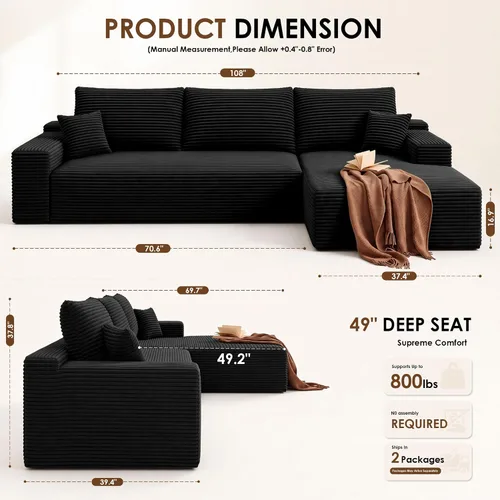 Vista 2 de AUGOP Sofá modular moderno de 108 pulgadas para sala de estar, sofá modular con sofás en forma de L, sofá tapizado sin hueso, sofá seccional