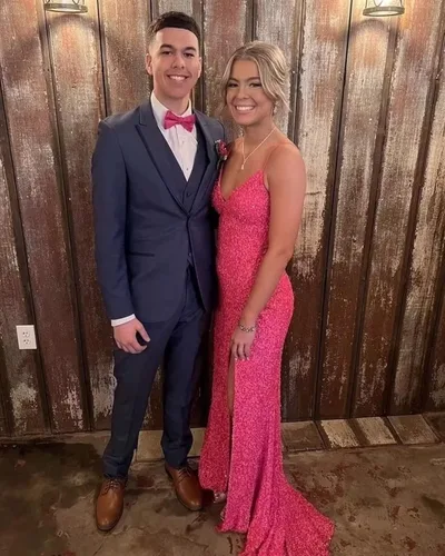 Vista 2 de Vestido de fiesta con lentejuelas y tirantes delgados, cuello en V, vestido de noche de sirena con abertura brillante
