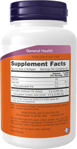 Vista 2 de NOW Supplements, CLA (ácido linoleico conjugado) 800 mg, aceite nutricional, 90 cápsulas blandas