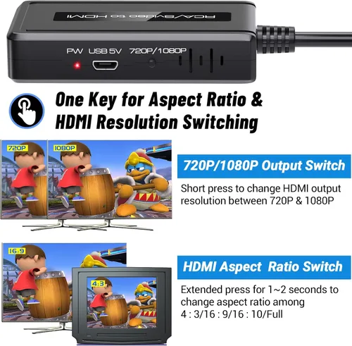 Vista 2 de Convertidor RCA Svideo a HDMI, soporte 4: 3/16: interruptor de relación de aspecto 9, interruptor de salida HDMI 720P/1080P, convertidor S-video AV