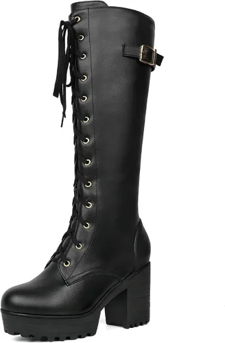 Vista 86 de Parisuit Botas góticas altas hasta la rodilla con hebilla de plataforma para mujer, tacón alto grueso, con cordones, botas de combate punk, con Negro