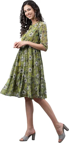 Vista 5 de Janasya Vestido acampanado con estampado floral de lúrex de gasa verde oliva para mujer india