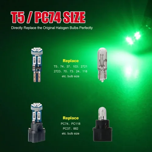 Vista 5 de Bombilla LED Verde de Alto Brillo T5 37 74 PC74 PC37 con Enchufe de Bloqueo Giratoria para Luz de Clúster de Panel de Instrumentos, Luz de Mapa