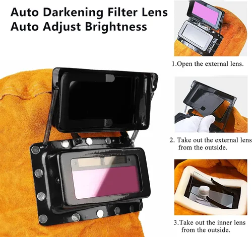 Vista 3 de Capucha de soldadura de piel de vaca mejorada con máscara de lente de filtro de oscurecimiento automático solar, casco de soldadura con protección