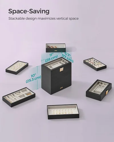 Vista 8 de SONGMICS Bandejas de joyería apilables, caja de joyería de 6 niveles, organizador de joyas con cajón, con tapa de vidrio, divisores extraíbles