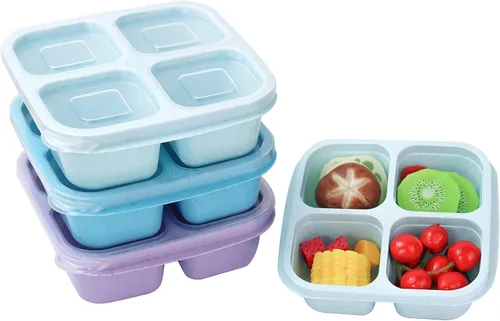 Vista 4 de Finorder Paquete de 3 recipientes de comida con 4 compartimentos para niños y adultos, contenedores reutilizables para almuerzos para escuela