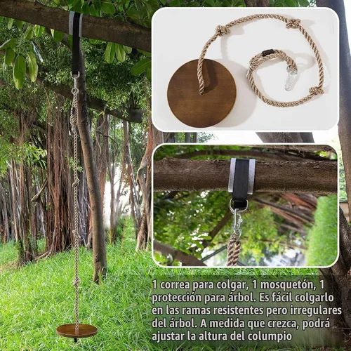 Vista 5 de Yangbaga Columpio de cuerda de disco redondo de madera de 51 a 73 pulgadas, cuerda de escalada ajustable con correa para colgar, gancho a presión