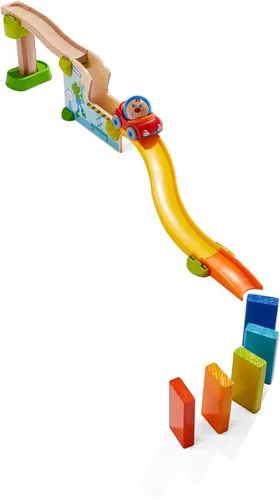 Vista 3 de HABA Juego de carreras de pelota y pista con coche y dominó, 16 piezas Kullerbü Marble Runs y juegos de construcción para niños de 2 años