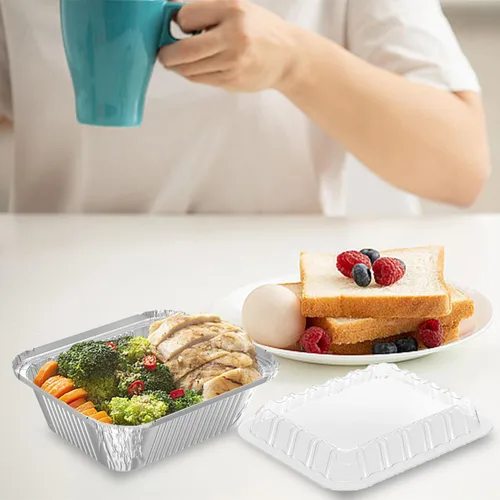 Vista 6 de iHomeSet Paquete de 25 unidades de 1 libra de sartén rectangular desechable de papel de aluminio con tapas de domo de plástico transparente de 16