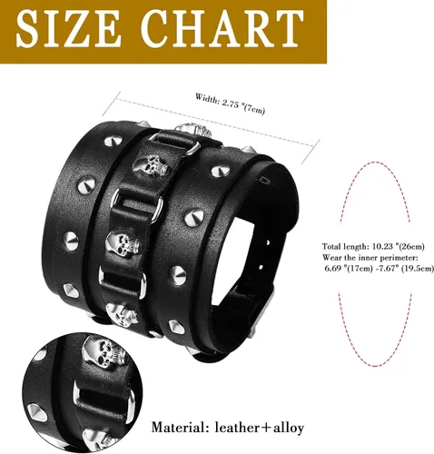 Vista 3 de Aroncent Pulsera de cuero con calavera: pulsera ancha con remache de metal, estilo de bicicleta punk rock, ajustable, pulsera gótica para hombre
