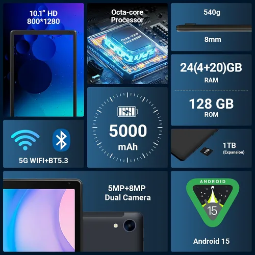 Vista 3 de Tablet Android 15 de 10 pulgadas, 24 GB de RAM, 128 GB ROM 1 TB Expand, procesador Octa-Core, pantalla táctil Widevine L1 HD IPS, WiFi 6 BT5.3 Dual