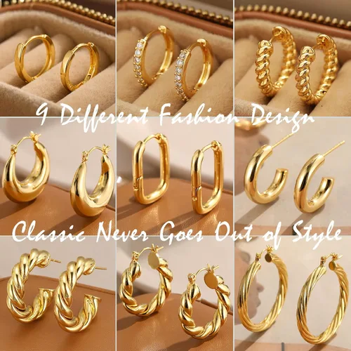 Vista 5 de 9 pares de aretes de aro de oro para mujer, chapados en oro de 14 quilates, ligeros, gruesos, trenzados, para regalo, Latón, No es una piedra