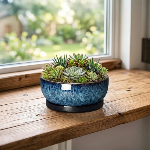 Vista 3 de Succulent Pots, 6 Inch Ceramic Bonsai Pots with Saucer, Blue